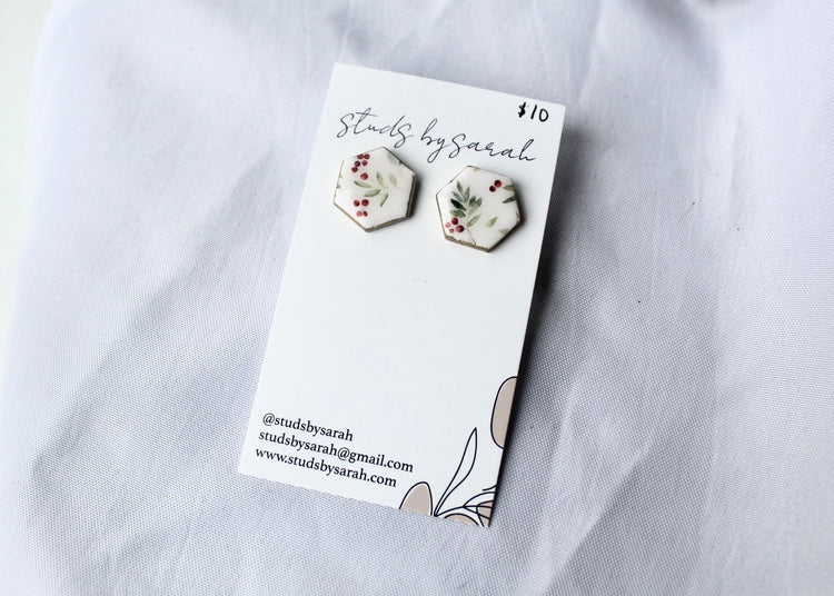 Holly Print Hexagon Studs