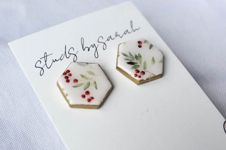 Holly Print Hexagon Studs